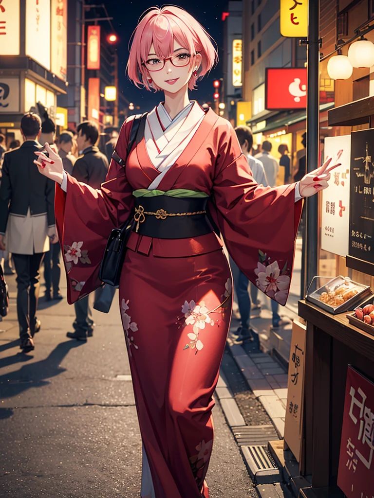 1girl, japanese girl, detailed skin texture, pink hair, short hair, smiling, glasses, mature female, milf, lipstick, makeup, earring, red nails, nail polish, red dress, feminine pose, standing, looking back, realistic, finely detailed, quality, rembrandt lighting, masterpiece, photorealistic, best quality, detailed skin, intricate details, dramatic, ray tracing, outdoor, night, tokyo city, night light