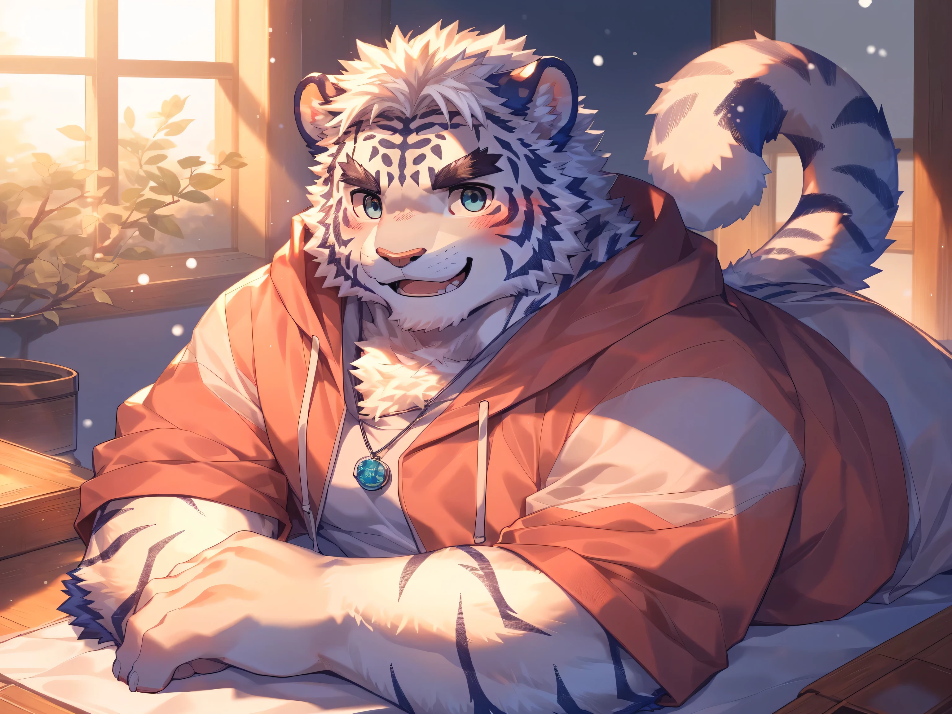 (Imagine:1.5), solitary, anthropology, hairy, hairy male, tiger, ((Fluffy fur, Fluffy, hairy body)), (Snow leopard print), (thick eyebrows), youth, muscular, The skin is white and big, Blue-gray pupils, Detailed teeth, , sideways, Shy expression, A faint smile, blush, (dynamic posture:1.5), clear facial features, strong, majestic, solitary, panoramic, Fog atmosphere, early morning, Tyndall light effect, (author:ghost of emptiness, From Snow Leopard 20, masterpiece, high quality, High resolution,8K)Animal species**:tiger - **Farbe**:black and white - **expression**:Smile,blush - **decorate**:Blue and pink wreath - **posture**:lying down,Hand reaching for the camera - **Scenes**:green grassland - **detail**:草原上有各式Farbe的小花 - **visual angle**:Top view - tiger lying on the grass,Looking at the past from a visual angle。 -The tiger's head is slightly tilted,With a smile on the face,There is a slight blush on the cheeks。 - One hand reaches towards the camera,Seems to be greeting the audience。 - Wearing a wreath of blue and pink flowers on her head。 - 草地上有各種Farbe的小花,background soft tones,Bright Farbes。(Pink sweatshirt:)Bad bad