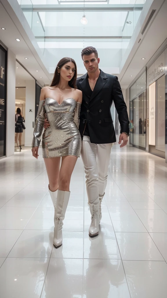 a man in boots and a woman in high heels, instagram story photo, white floor, shopping mall, (best quality,4k,8k,highres,masterpiece:1.2),ultra-detailed,(realistic,photorealistic,photo-realistic:1.37),fashion photography,elegant,stylish,dramatic lighting,cinematic,intricate details,striking composition,high contrast,vibrant colors