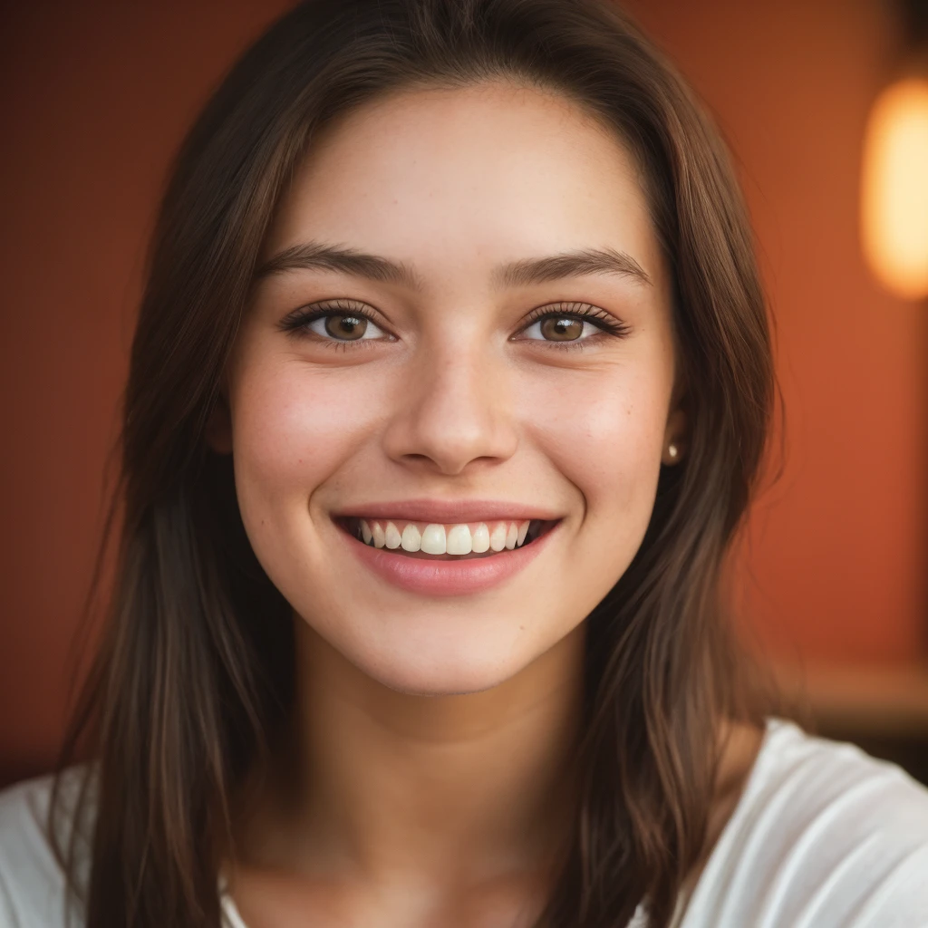 (close-up, editorial photograph of a 21 year old woman), (highly detailed face:1.4) (smile:0.7) (background inside light, warm, private study:1.3) POV, by lee jeffries, nikon d850, film stock photograph ,4 kodak portra 400 ,camera f1.6 lens ,rich colors ,hyper realistic ,lifelike texture, dramatic lighting , cinestill 800, showing full realistic face infront of camera big smil a cafe
