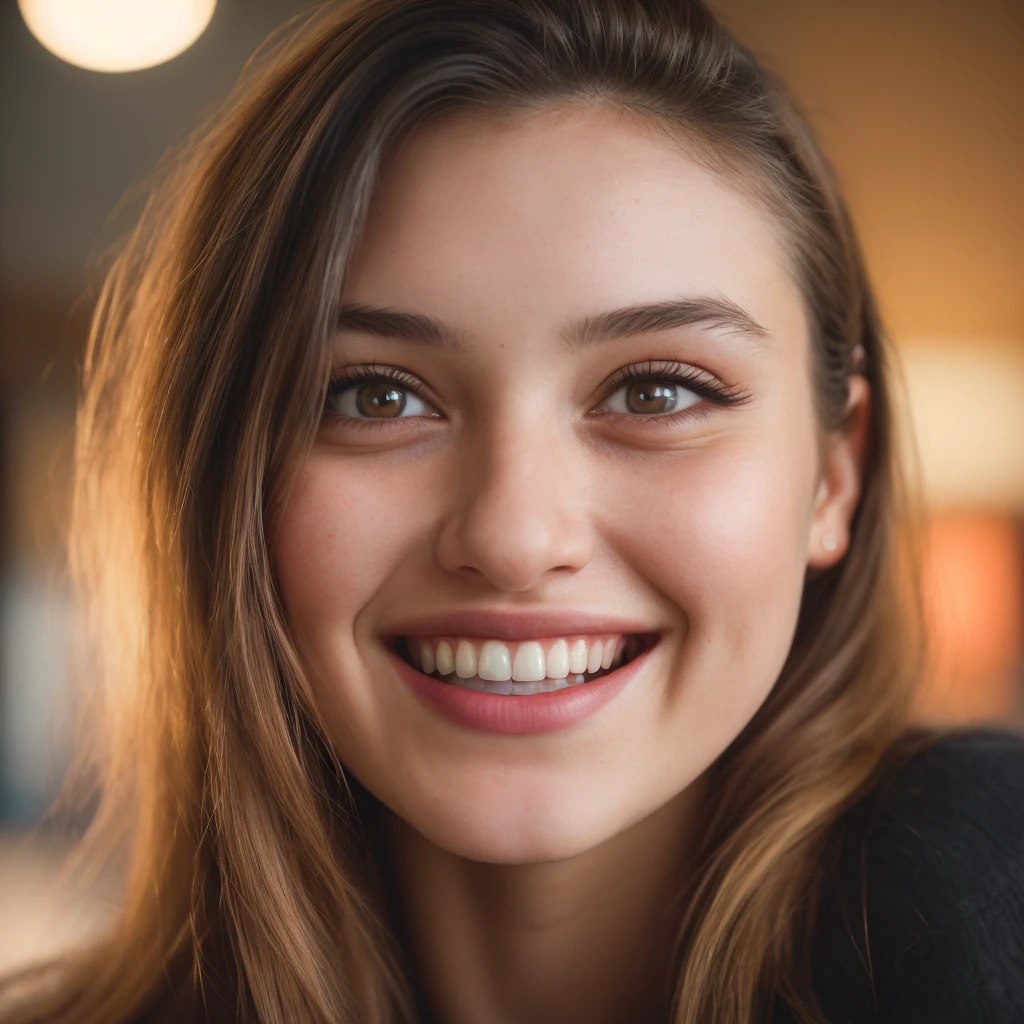 (close-up, editorial photograph of a 21 year old woman), (highly detailed face:1.4) (smile:0.7) (background inside light, warm, private study:1.3) POV, by lee jeffries, nikon d850, film stock photograph ,4 kodak portra 400 ,camera f1.6 lens ,rich colors ,hyper realistic ,lifelike texture, dramatic lighting , cinestill 800, showing full realistic face infront of camera big smil a cafe