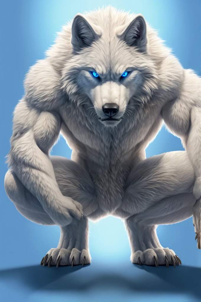 Perspective from below white wolf naked male furry legs apart looking down blue background squat pose blue eyes serious look claws on knees fluffy tail scars growling