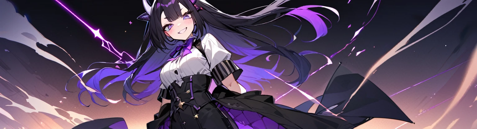 A girl with long black hair with straight bangs, with hair cut at the ends. Two large strands in the front, one bigger than the other. A rebel thread. A small white streak in your bangs. Two demon horns, one purple and one black, both with a dark purple star. one black eye and one purple eye. A purple star on your right cheek. black wide pants. All star shoe. Full white shirt with a bow tie with a star in the middle, with short sleeves. a big chest . Grinning. She is a star demon. She is standing looking at the camera. In one of his eyes a star in the black eye case, in the black eye and just black. Sex girl. Sex girl. One black eye and one purple eye