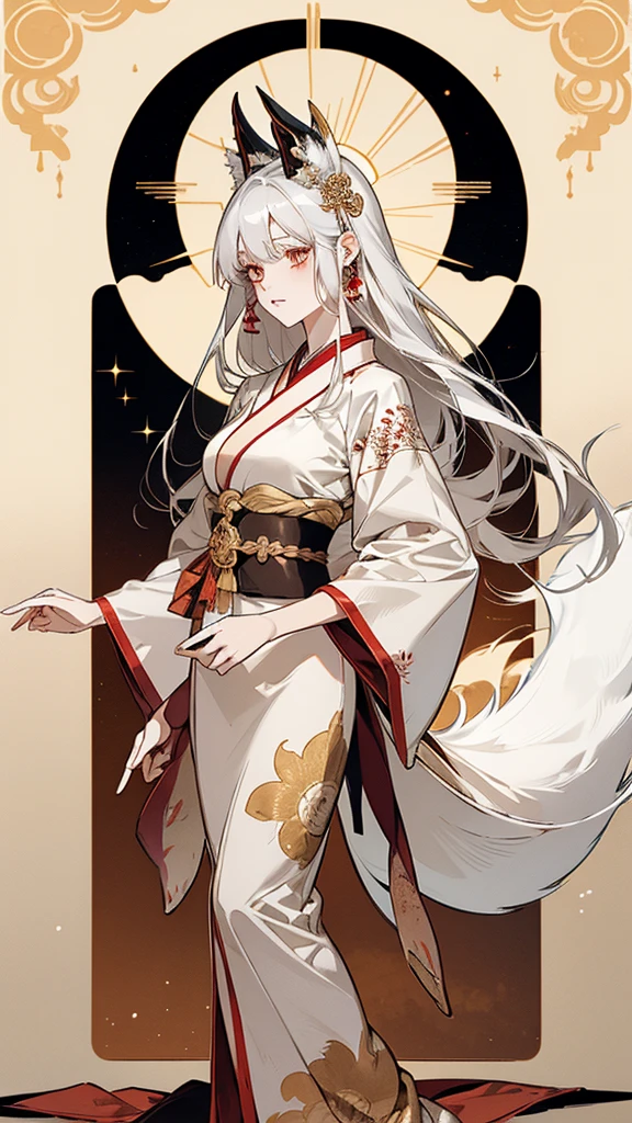 Kitsune girl,hime cut,silver eyes,gold white and red tones japanese cloth, geisha dress theme sun&moon , traditional japanese , long white hair,silver fox ears, have kitsune tail, beautiful woman, silver eyes, elegant, young adult beautiful
