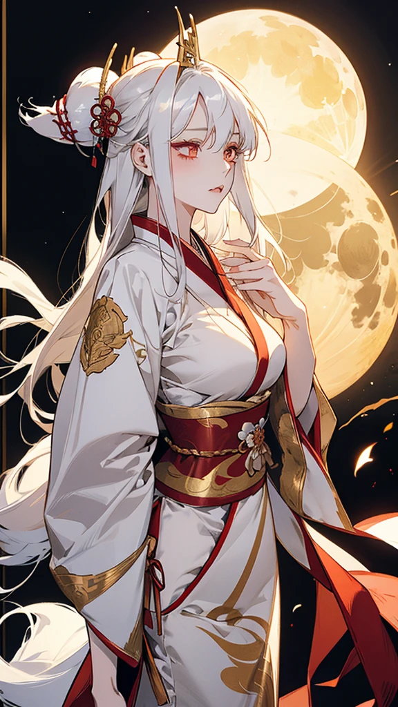 Kitsune girl,hime cut,silver eyes,gold white and red tones japanese cloth, geisha dress theme sun&moon , traditional japanese , long white hair,silver fox ears, have kitsune tail, beautiful woman, silver eyes, elegant, young adult beautiful