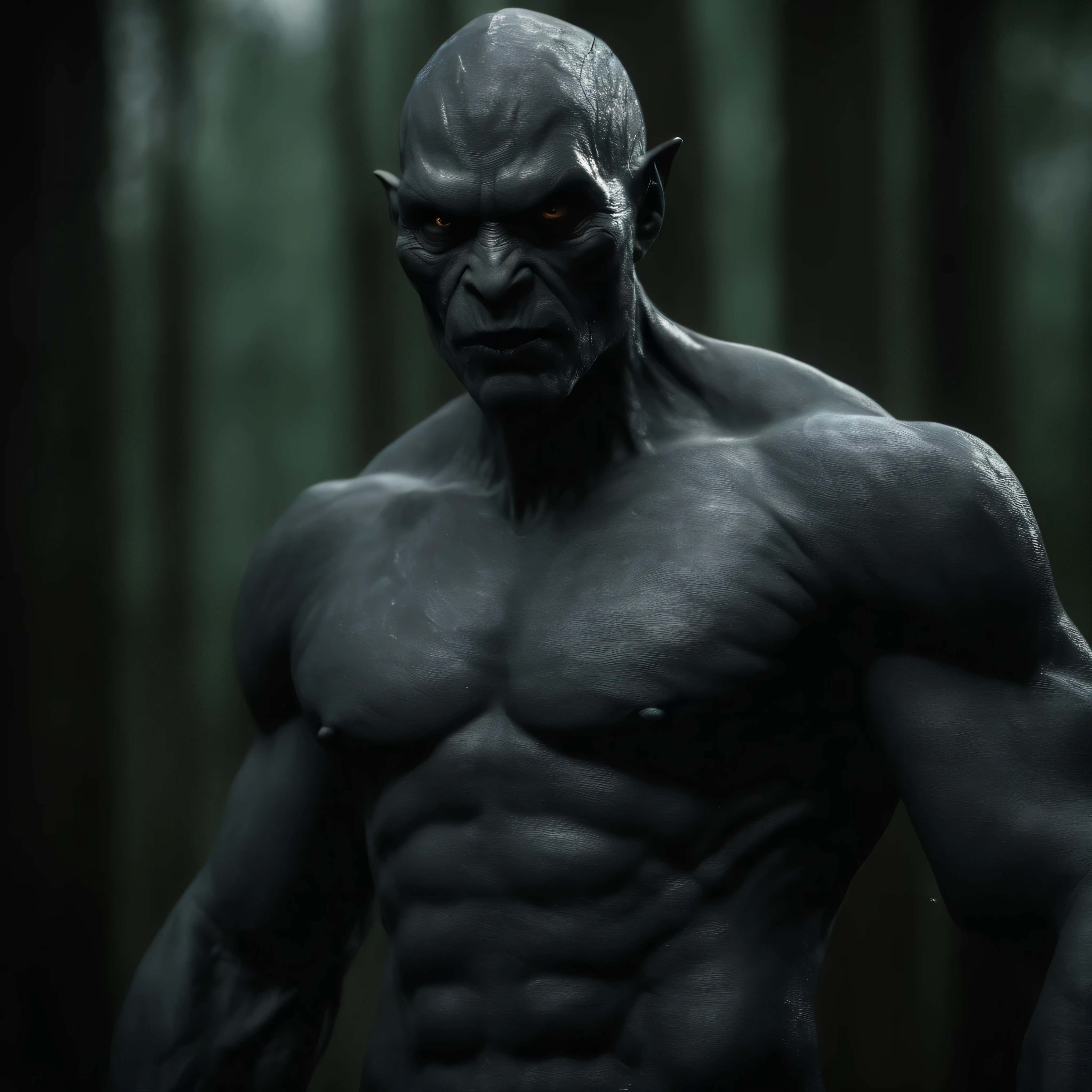 ((natta, gloomy light, top-quality, 8K, Masterpiece artwork: 1.3)), Distorted and grotesque shape: 1.4, ((Dark Gray and Chapped Skin, Colossal: 1.8)), Luminescent and Menacing Eyes, Sharp and Irregular Teeth, Long and Sharp Claws, Body Shrouded in a Dark Mist, Intimidating presence, Detailed and Realistic Skin Texture, Scary Forest Background, Deep, Thick Shadows, Dark Reflections, evil expression, sinister atmosphere, Realistic Shadows and Highlights, Detailed Wrinkles and Scars, Visible Blood and Veins, Terror Aura