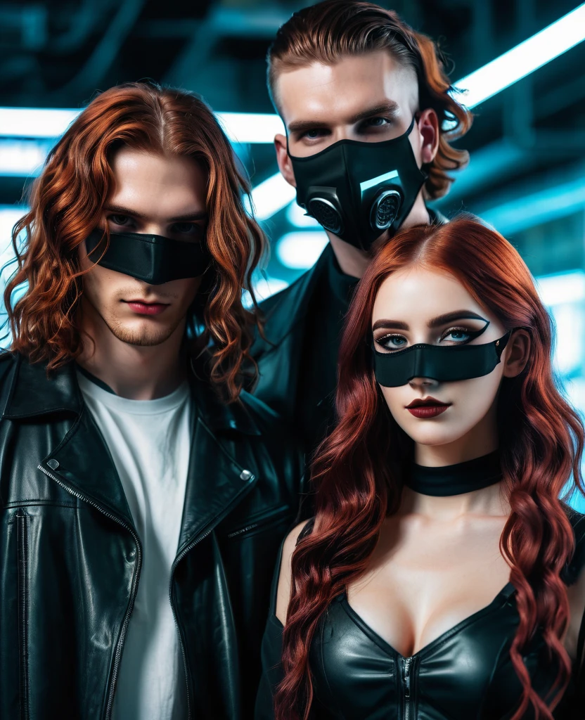 A photo of a couple. The tall man with long wavy brown hair. The woman with reddish hair and medium height. The aesthetic of the photo is bdam cyberpunk and with masks