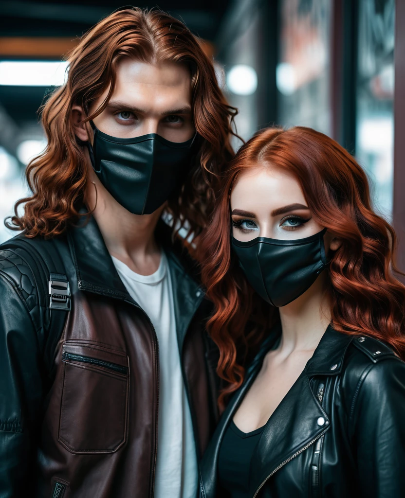 A photo of a couple. The tall man with long wavy brown hair. The woman with reddish hair and medium height. The aesthetic of the photo is bdam cyberpunk and with masks
