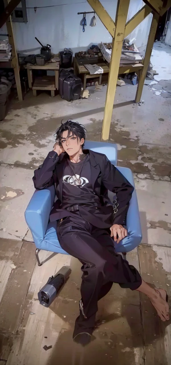 (masterpiece, best quality, highres, ultra-detailed), 1man, male focus, spiky black hair, grey eyes, handsome, detailed eyes and face, male body, earrings, ear piercing, unbuttoned black blazer, white shirt, trousers, bare collarbones, chain necklace, city slums background, by amano akira, full body, cigarette, cigarette smoke, guy smoking,1guy, masterpiece