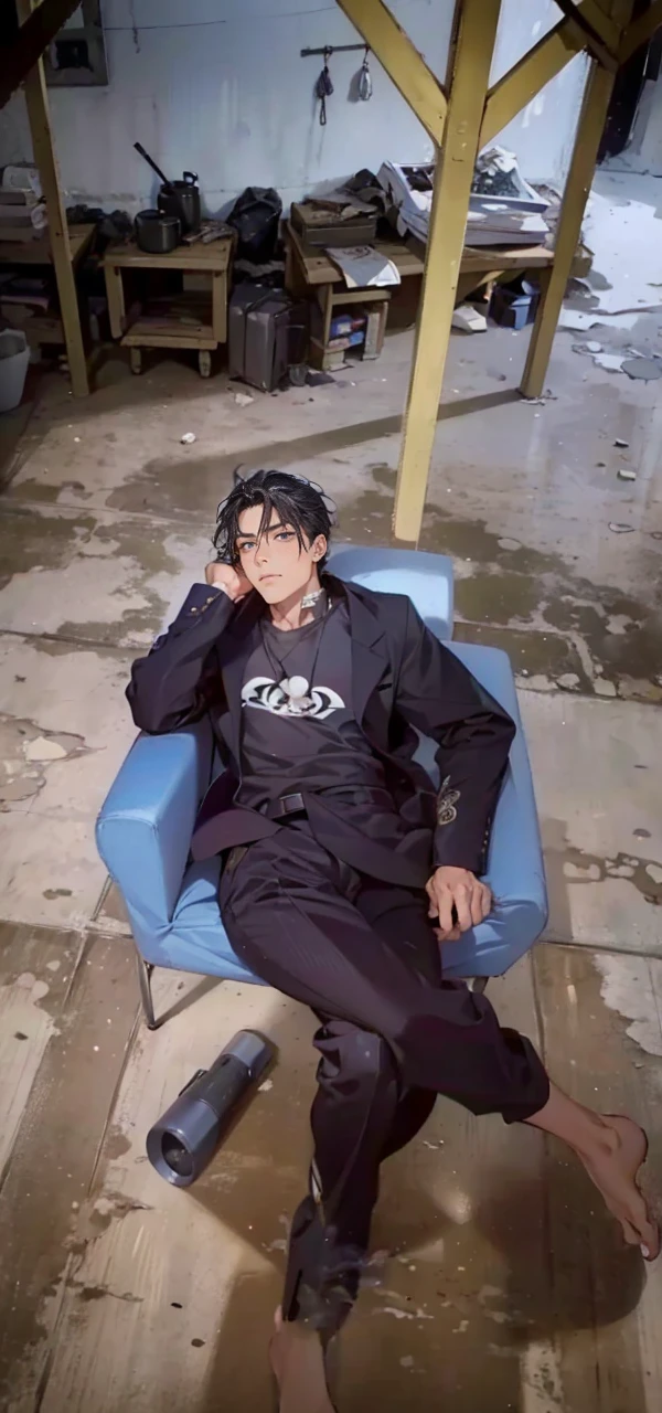 (masterpiece, best quality, highres, ultra-detailed), 1man, male focus, spiky black hair, grey eyes, handsome, detailed eyes and face, male body, earrings, ear piercing, unbuttoned black blazer, white shirt, trousers, bare collarbones, chain necklace, city slums background, by amano akira, full body, cigarette, cigarette smoke, guy smoking,1guy, masterpiece