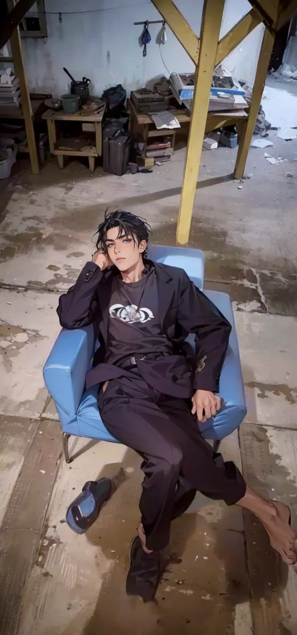 (masterpiece, best quality, highres, ultra-detailed), 1man, male focus, spiky black hair, grey eyes, handsome, detailed eyes and face, male body, earrings, ear piercing, unbuttoned black blazer, white shirt, trousers, bare collarbones, chain necklace, city slums background, by amano akira, full body, cigarette, cigarette smoke, guy smoking,1guy, masterpiece