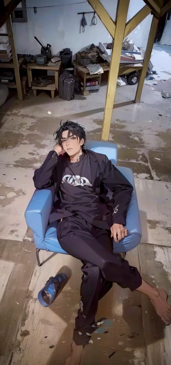 (masterpiece, best quality, highres, ultra-detailed), 1man, male focus, spiky black hair, grey eyes, handsome, detailed eyes and face, male body, earrings, ear piercing, unbuttoned black blazer, white shirt, trousers, bare collarbones, chain necklace, city slums background, by amano akira, full body, cigarette, cigarette smoke, guy smoking,1guy, masterpiece