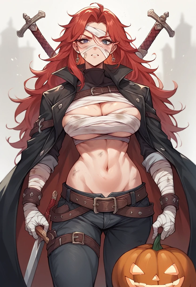Draw a red-haired girl with large breasts, wearing a black overcoat over her body, with some dirty bandages, a pumpkin mask on her face, and swords on her back.