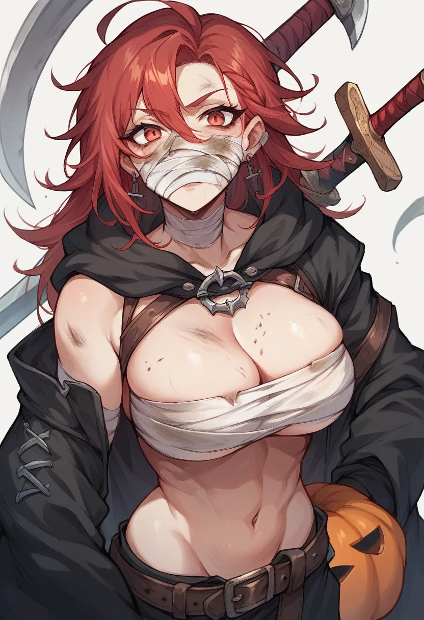 Draw a red-haired girl with large breasts, wearing a black overcoat over her body, with some dirty bandages, a pumpkin mask on her face, and swords on her back.