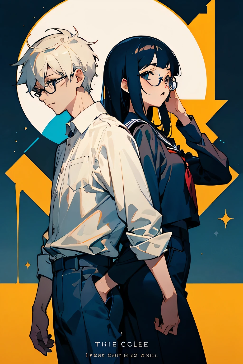 I want make a illustration cover for my  anime novel with title "the god in college" i want the art anime style and have the male and female in illustration
I want the girl have a short hair style and wear navy clothes and the male have glasses with long hair
And also add a text for the title
The title is the god in college 