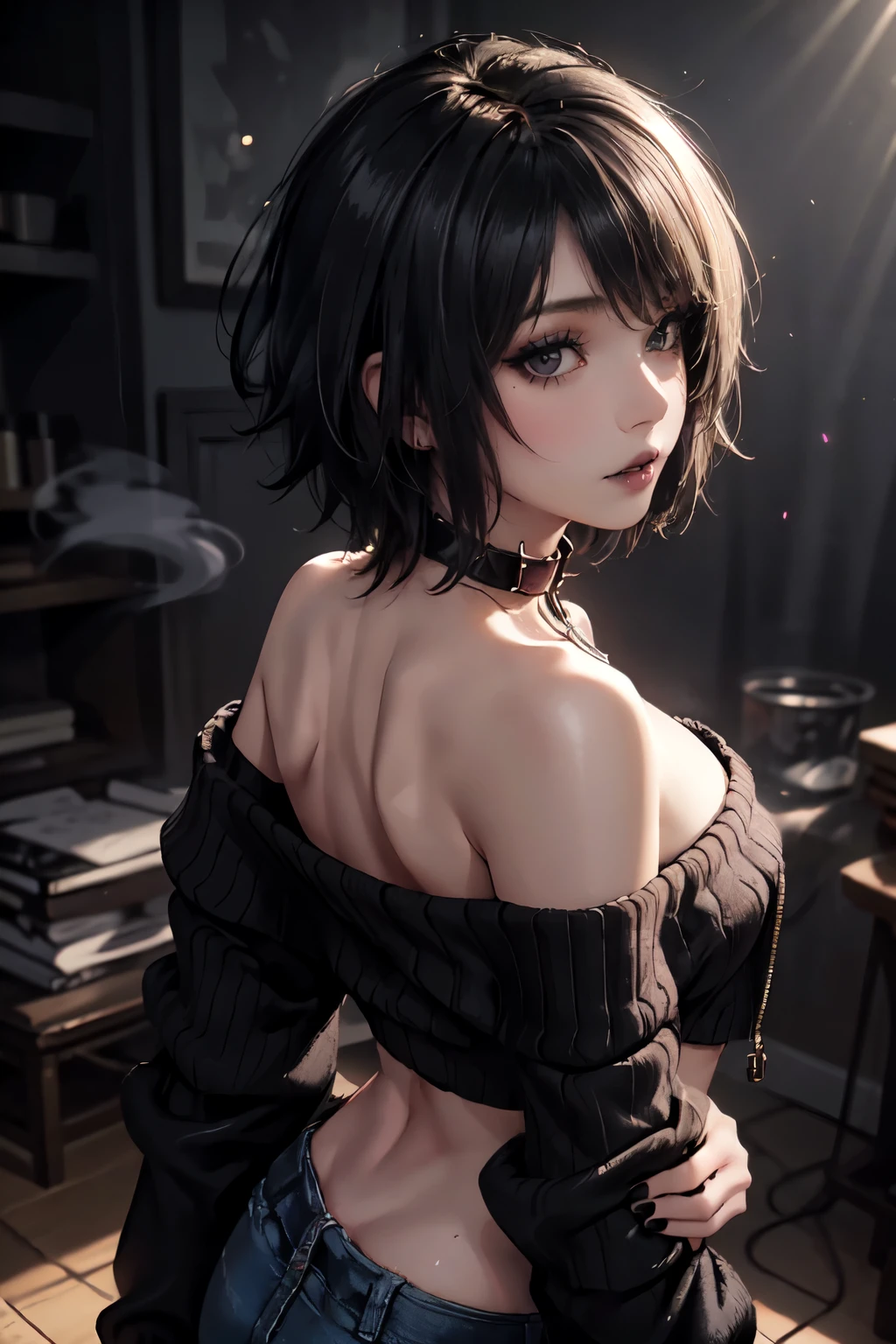 Girl, woman, emo_hairstyle, black lipstick, dog collar, eyeliner, eye shadow, smoky eyes, realistic lighting, short hair, cleavage, midriff sweater, short top, standing up, off shoulder, strapless, shiny skin, arched back, looking at camera, undressing.