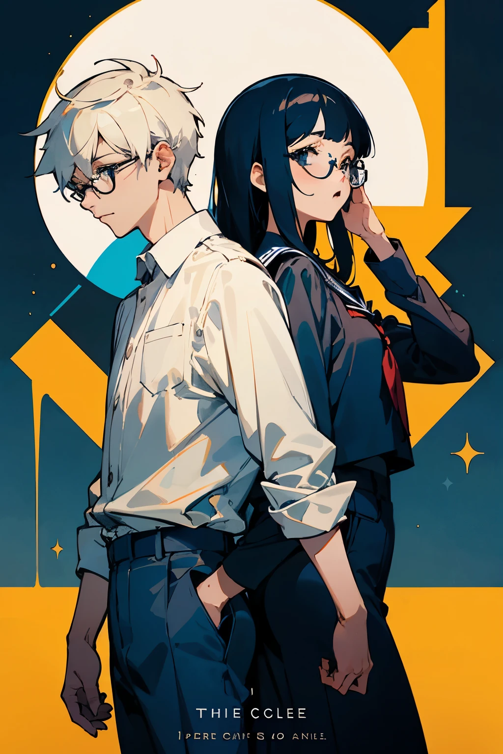 I want make a illustration cover for my anime novel with title "the god in college" i want the art anime style and have the male and female in illustration
I want the girl have a short hair style and wear navy clothes and the male have glasses with long hair
And also add a text for the title
The title is the god in college
