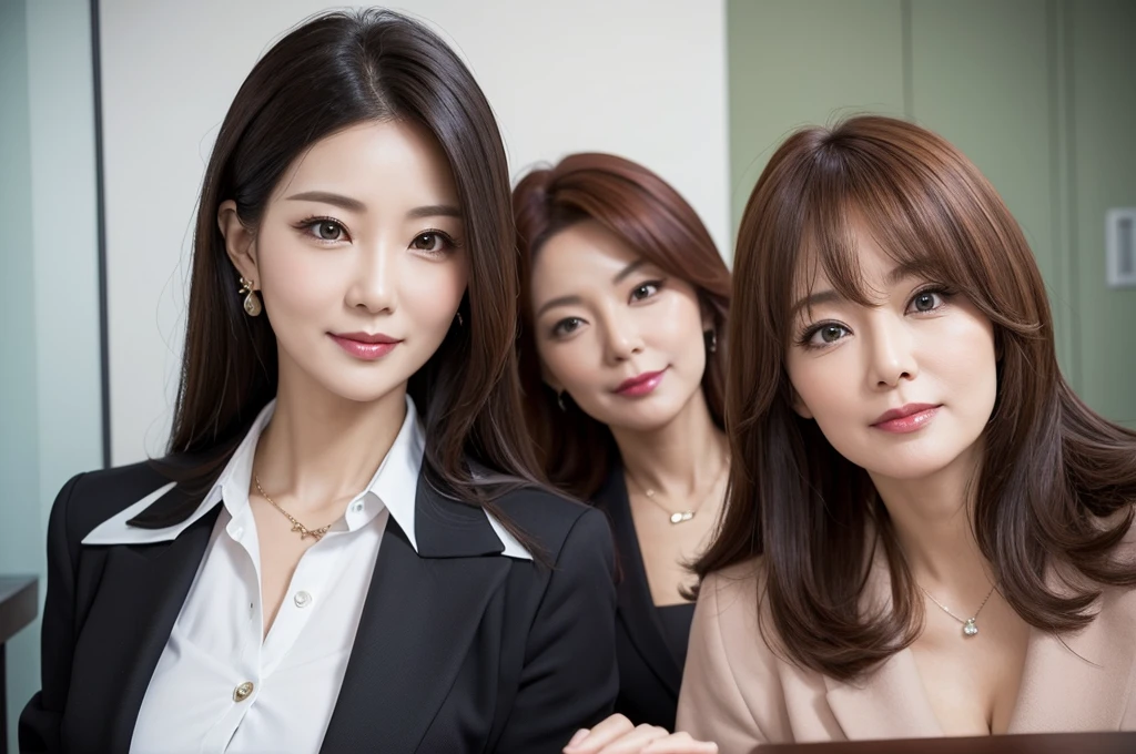 two sexy 40 years old women in office outfits, various hair colors and hairstyles, flustered smiles, portrait, close up faces, view from below