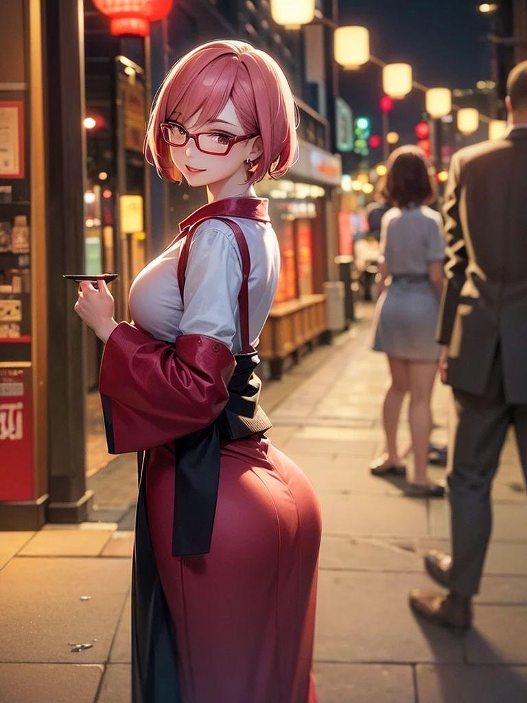 1girl, japanese girl, detailed skin texture, pink hair, short hair, smiling, glasses, mature female, milf, lipstick, makeup, earring, red nails, nail polish, red dress, feminine pose, standing, looking back, realistic, finely detailed, quality, rembrandt lighting, masterpiece, photorealistic, best quality, detailed skin, intricate details, dramatic, ray tracing, outdoor, night, tokyo city, night light