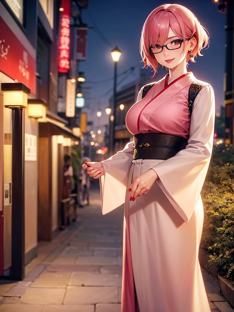 1girl, japanese girl, detailed skin texture, pink hair, short hair, smiling, glasses, mature female, milf, lipstick, makeup, earring, red nails, nail polish, red dress, feminine pose, standing, looking back, realistic, finely detailed, quality, rembrandt lighting, masterpiece, photorealistic, best quality, detailed skin, intricate details, dramatic, ray tracing, outdoor, night, tokyo city, night light