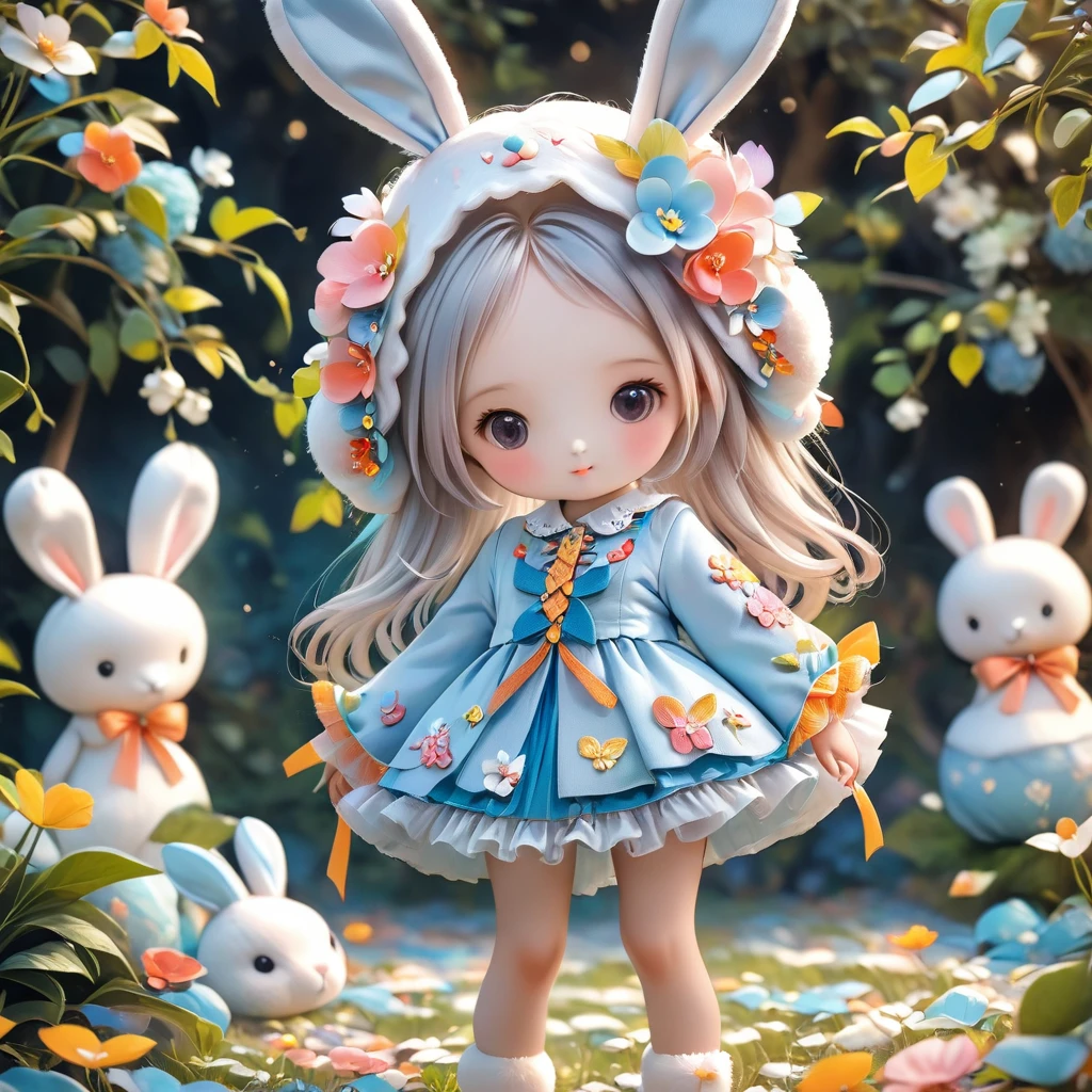 A woman wearing a furry bunny costume，Wearing big bunny ears, full-body shot, Wide Angle, Lovely又充满童真表情, Professional Portraits, Super Fine 8K, high resolution, Detailed facial features, Detailed clothing, Soft Light, excellent, fantasy, Soft colors, Lovely