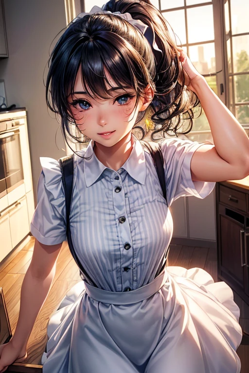 Girl fully hunched over the table, meeting room, closed curtain, short ruffle skirt, (((ultra HD)))), (up ass), black hair pinned, (rear view), detailed back, bare shoulders, light blue bra, full of details, ((((masterpiece)))