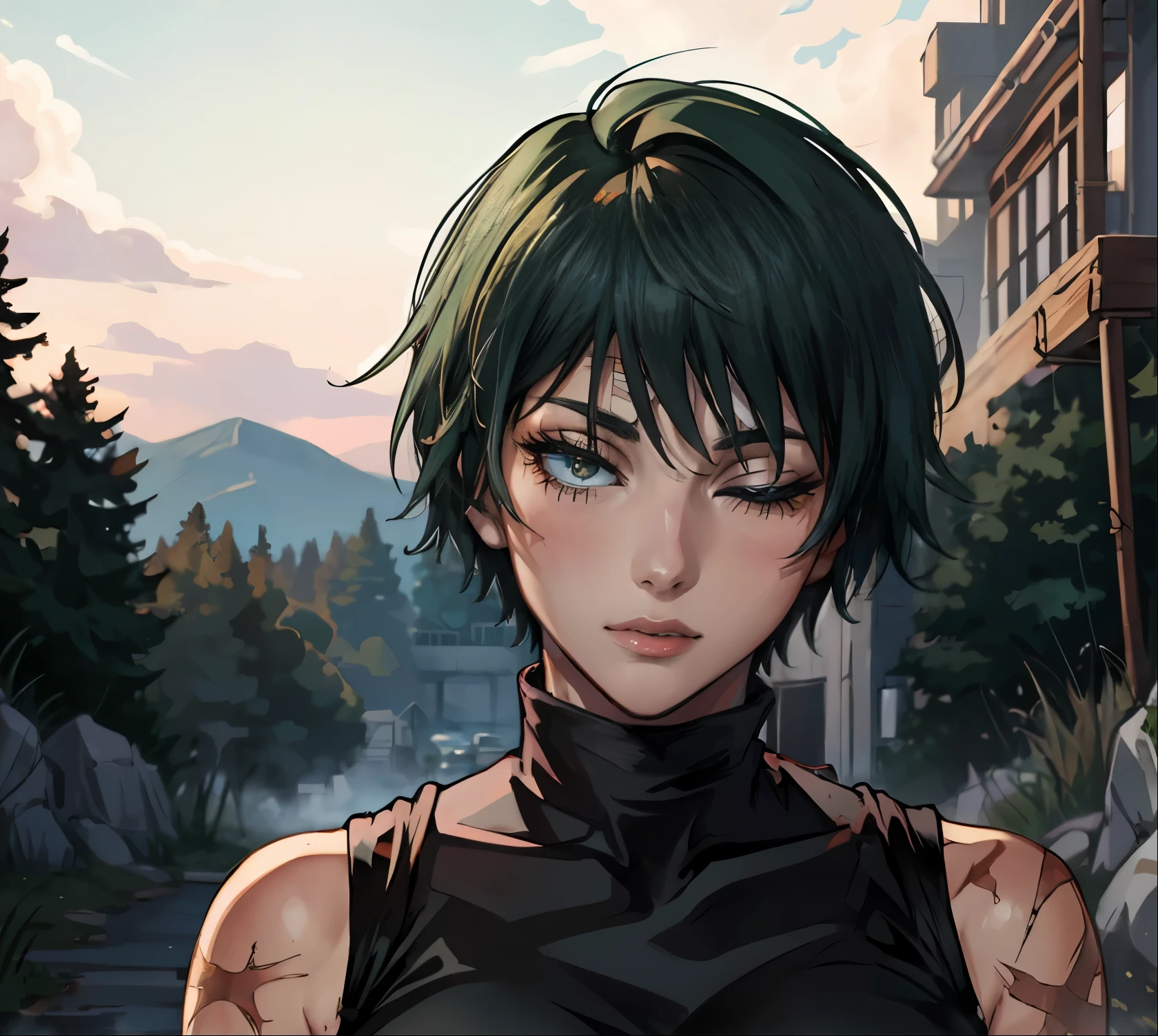 (masterpiece:1.2, best quality:1.2, beautiful, high quality, highres:1.1), 1girl, detailed, short hair, short fluffy hair, short green hair, extremely detailed 4K, perfect eyes, perfect face, only 1 girl, visible bandaid, 1 eye, bandaid covering eye, other eye covered, eye covered with bandaid, circle arms, serious gaze, ready for battle, combat face, nice view, sexy, glasses, circle shaped glasses, yellow shiny eyes, yellow colored eyes, Bandaid on face, posing, hands, arms, scars on arms, scars on face, scars on cheek, bangs, really short hair, scars on body, Maki Zenin eyes, perfect eyes, scars on face, dangerous, eye patch, white bandage on eye, yellow colored eyes, exotica, scar on face, scar on cheeks, visible scars on cheeks, bandage on eye, scar on eye, Maki Zenin, scar on body, very short hair, circle glasses, dark scars on face, Maki Zenin LoRA, black shirt, scar on eye, scars, sleeveless, crop top, beautiful face, perfect lighting, (1girl, solo, adult female, mature female), thin, lithe body, Maki Zenin, green hair, glasses, (big breasts), ((sensual seductive))