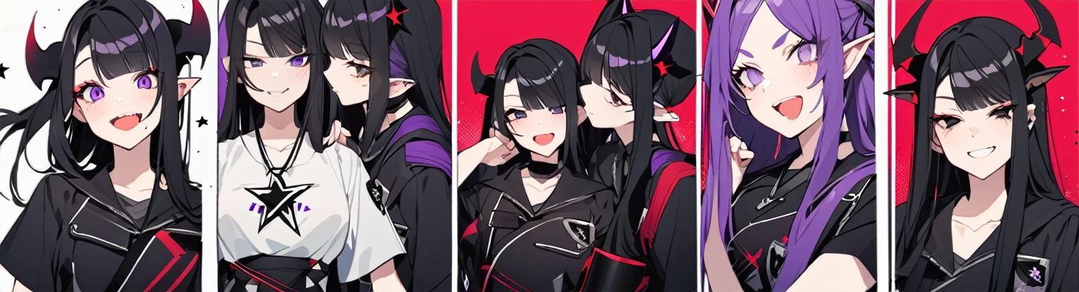 A girl with long black hair with straight bangs, with hair cut at the ends. Two large strands in the front, one bigger than the other. A rebel thread. A small white streak in your bangs. Two demon horns, one purple and one black, both with a dark purple star. one black eye and one purple eye. A purple star on your right cheek. black wide pants. All star shoe. Full white shirt with a bow tie with a star in the middle, with short sleeves. a big chest . Grinning. She is a star demon. She is standing looking at the camera. In one of his eyes a star in the black eye case, in the black eye and just black. Sex girl. Sex girl. One black eye and one purple eye