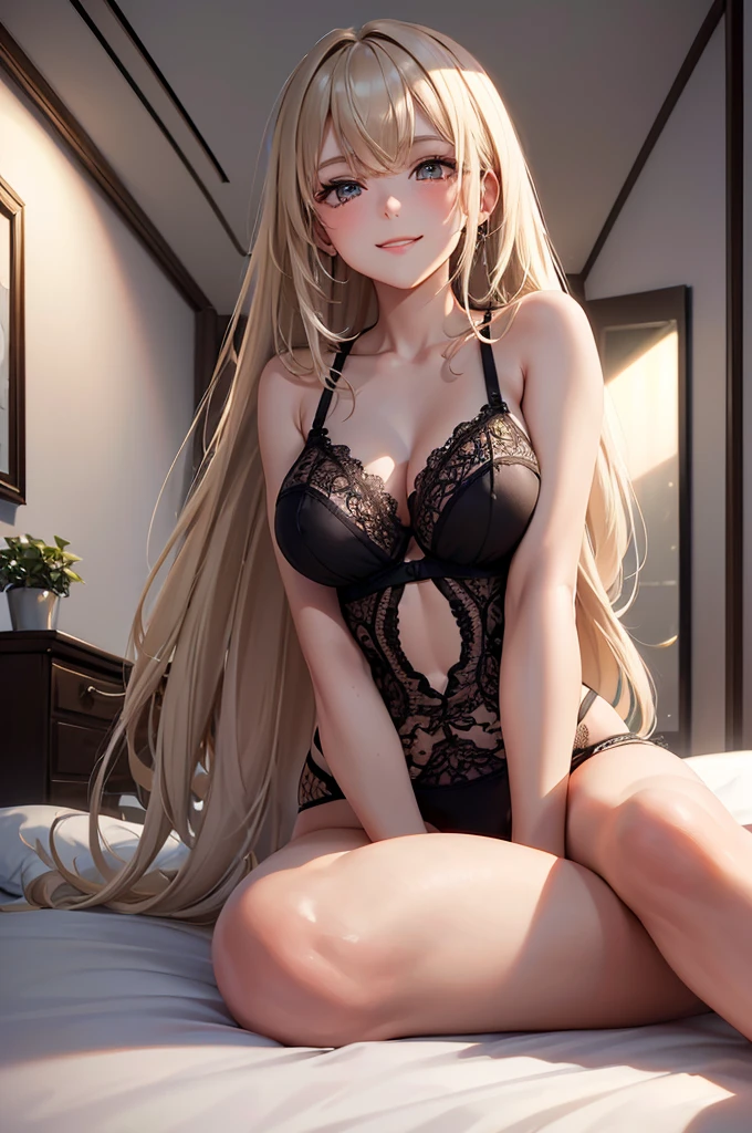 (Best Quality,High resolution,8K,finelity detailed background,Masterpiece:1.2),beautiful girl,Shiny khaki hair,messy hair,Khaki Eyes,Gentle look,A refreshing look,Best quality,Best Quality,Aesthetic and aesthetic:1.2,Best details((Super detailed))(High-definition CG illustrations),Glamorous black underwear (black,intricate lace),Slender body,night,Moonlight,Bedroom,On the bed,smile,blush,cute,Scrounge,Looking up,Being spoiled,Smiling Kindly,super model,wariza,shoot from below