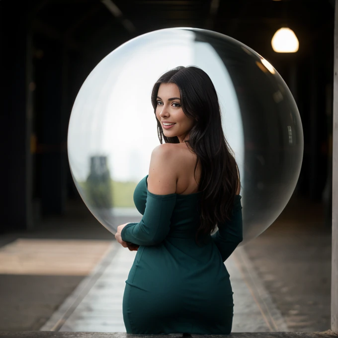 Photo of kim kardashian, posing like a model, picture taken from behind, turned head, solo, long hair, wearing a dark green dress, full body, hyper detailed, large breasts, perfect hands, detailed hands, looking at viewer, smiling, perfect teeth, thick thighs, wide hips, muscular arms, large bulging veins on body, warm atmosphere, photograph, photoshoot, Captured by Panavision Panaflex Platinum Camera with Panavision Primo Primes Spherical Lens 50mm T1.9