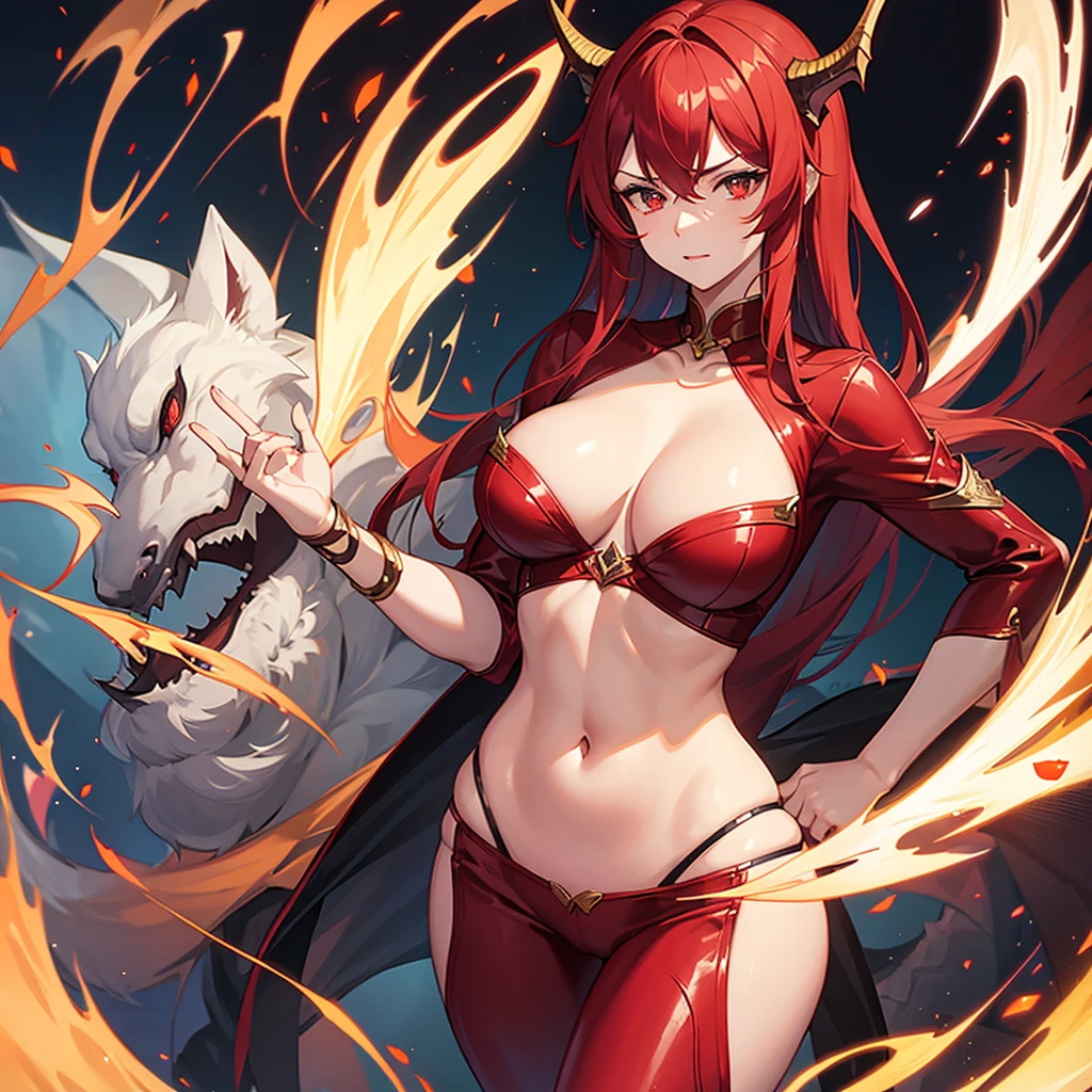 dragon woman, erotic revealing clothes. In one underwear .arrogant look, red vertical pupils. Large hips and bust.