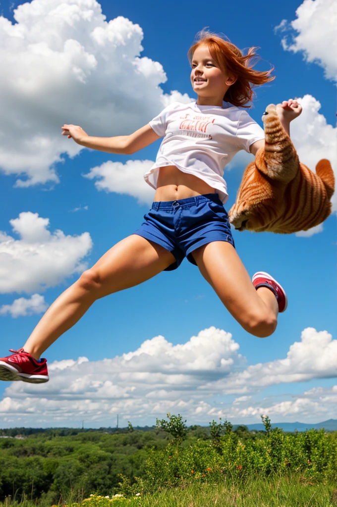 red tabby cat, jumping in the clouds, in shorts