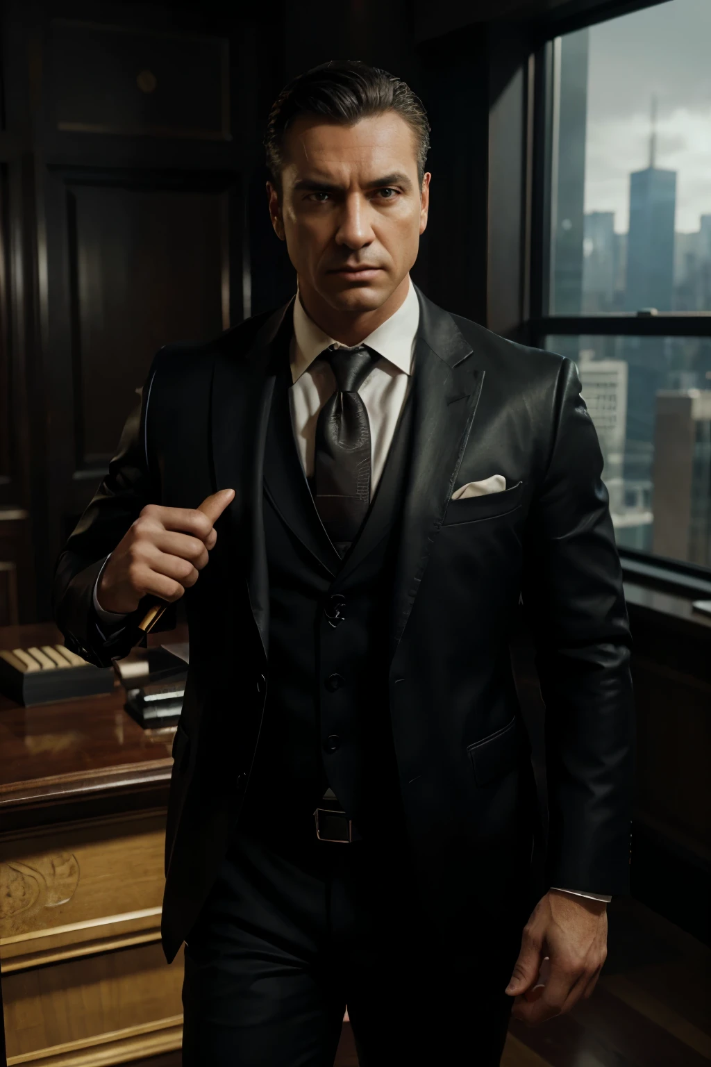 realistic 3D render size 1080x1080 pixels, a men lawyer with a gavel and a justice scale, highly detailed, elegant suit, serious expression, formal office setting, dramatic lighting, cinematic composition, photorealistic, hyperrealistic, 8K, HDR, cinematic atmosphere, moody lighting, high-quality render, professional art, intricate details, photorealistic textures, realistic materials, leather briefcase, wood desk, marble floor, large windows, cityscape in background, strong chiaroscuro, dramatic contrast, cinematic framing, heroic pose, authoritative presence, symbols of justice, legal profession, size imagen de 1080x 1080 pixels