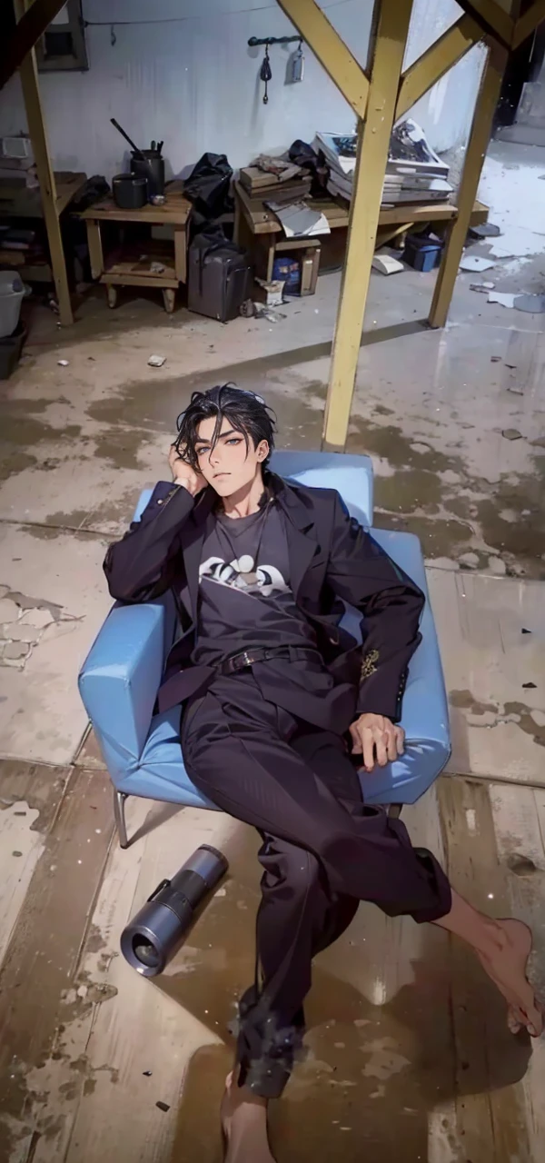 (masterpiece, best quality, highres, ultra-detailed), 1man, male focus, spiky black hair, grey eyes, handsome, detailed eyes and face, male body, earrings, ear piercing, unbuttoned black blazer, white shirt, trousers, bare collarbones, chain necklace, city slums background, by amano akira, full body, cigarette, cigarette smoke, guy smoking,1guy, masterpiece