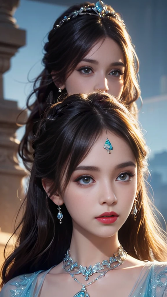 8K ultra hd, masterpiece, best quality, a beautiful girl, long hair, impressive hairstyle, royal hair jewelry, pretty cute face, flawless face, jewellery earrings, antique jewellery, details eyes, beautiful eyes, meticulous makeup, thin eyebrows, beautiful red lips, medium breasts, princess dress, blue dress, light blue laces, realistic colors, magic effect, night background, look directly at the audience,