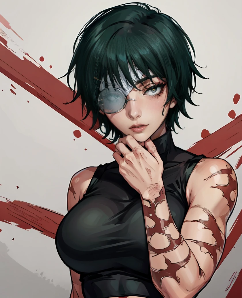 (masterpiece:1.2, best quality:1.2, beautiful, high quality, highres:1.1), 1girl, detailed, short hair, short fluffy hair, short green hair, extremely detailed 4K, perfect eyes, perfect face, only 1 girl, visible bandaid, 1 eye, bandaid covering eye, other eye covered, eye covered with bandaid, circle arms, serious gaze, ready for battle, combat face, nice view, sexy, glasses, circle shaped glasses, yellow shiny eyes, yellow colored eyes, Bandaid on face, posing, hands, arms, scars on arms, scars on face, scars on cheek, bangs, really short hair, scars on body, Maki Zenin eyes, perfect eyes, scars on face, dangerous, eye patch, white bandage on eye, yellow colored eyes, exotica, scar on face, scar on cheeks, visible scars on cheeks, bandage on eye, scar on eye, Maki Zenin, scar on body, very short hair, circle glasses, dark scars on face, Maki Zenin LoRA, black shirt, scar on eye, scars, sleeveless, crop top, beautiful face, perfect lighting, (1girl, solo, adult female, mature female), thin, lithe body, Maki Zenin, green hair, glasses, (big breasts), ((sensual seductive))