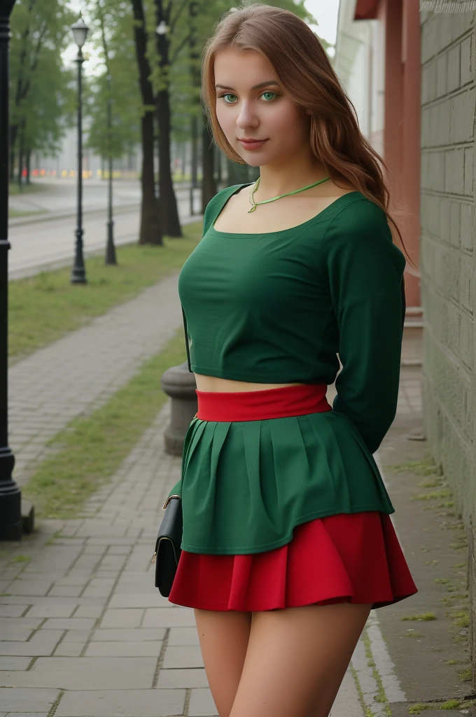 Lituania, pretty women, ((In Vilnius City)), before the Vilnius Cathedrale, on the Vilnius central place, ((wear a green top and a red skirt))