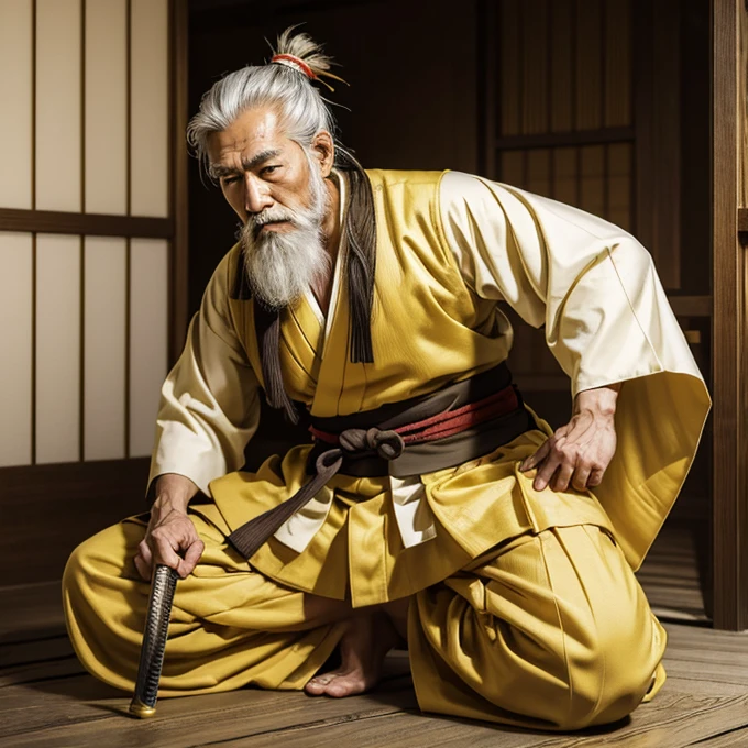 ((Masterpiece)), ((highly detailed)), a samurai, yellow male kimono, tattsuke pants, katana, samurai hair style, white long beard, age 88, old man, full body, red gat, 