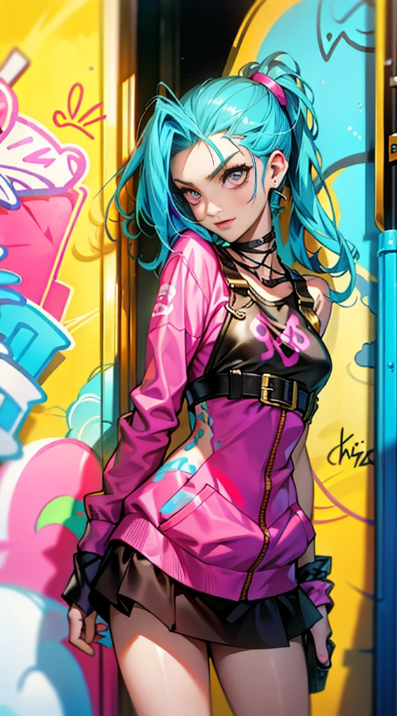 Vibrant graffiti: Adorning the walls surrounding Jinx, vibrant graffiti depicts her misadventures, adding a touch of urban artistry to the scene.