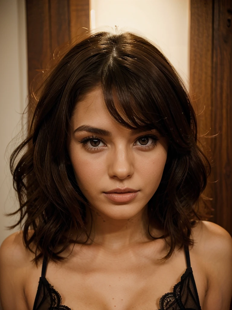 25 years old brunette medium hair. She wears sexy  seductive lace at home. She looks like a brazilian girls. 