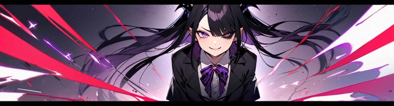 A girl with long black hair with straight bangs, with hair cut at the ends. Two large strands in the front, one bigger than the other. A rebel thread. A small white streak in your bangs. Two demon horns, one purple and one black, both with a dark purple star. one black eye and one purple eye. A purple star on your right cheek. black wide pants. All star shoe. Full white shirt with a bow tie with a star in the middle, with short sleeves. a big chest . Grinning. She is a star demon. She is standing looking at the camera. In one of his eyes a star in the black eye case, in the black eye and just black. Sex girl. Sex girl. One black eye and one purple eye