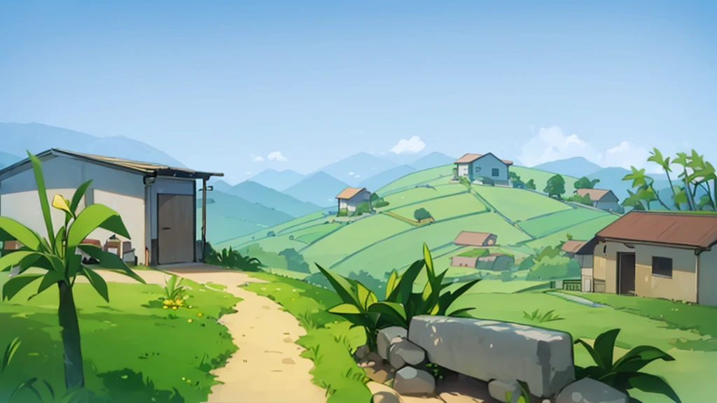 A Landscape neighborhood with hills and grass and bushes, beautiful compositions, rule of third, country side hills, farm hills, anime ghibli style, cows. africa congo. Farm crop Fields, beautiful blue sky, banana trees