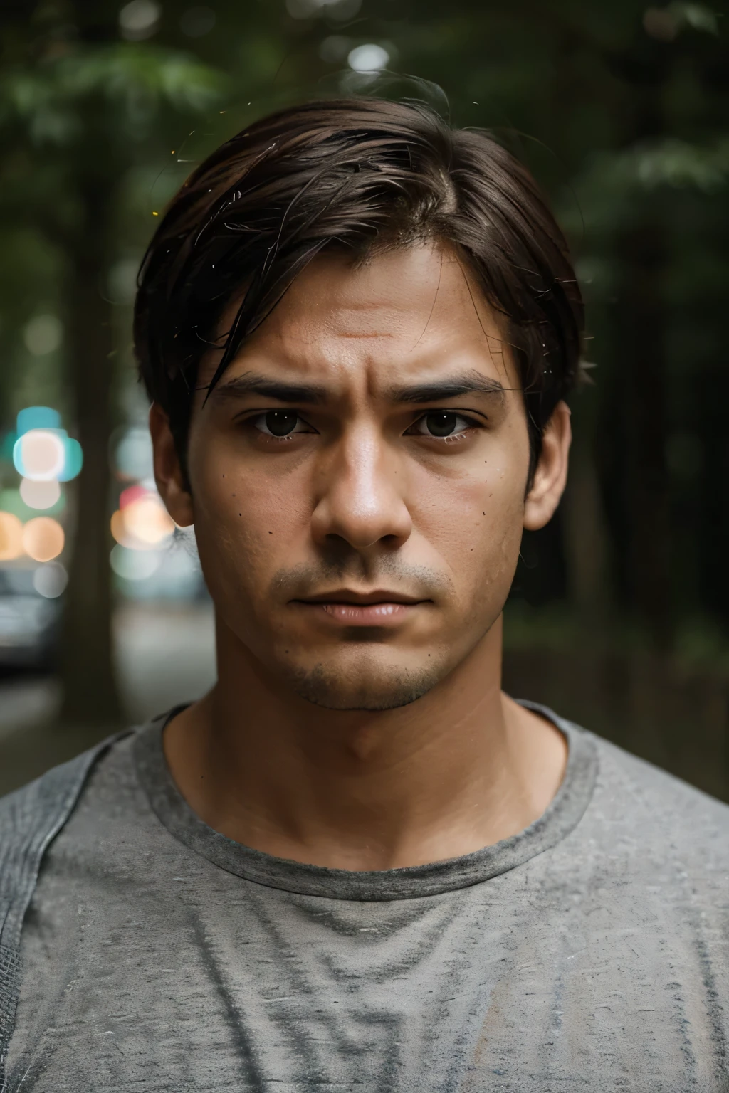Generate a photo of man looking towards camera straight from very much distance and sad