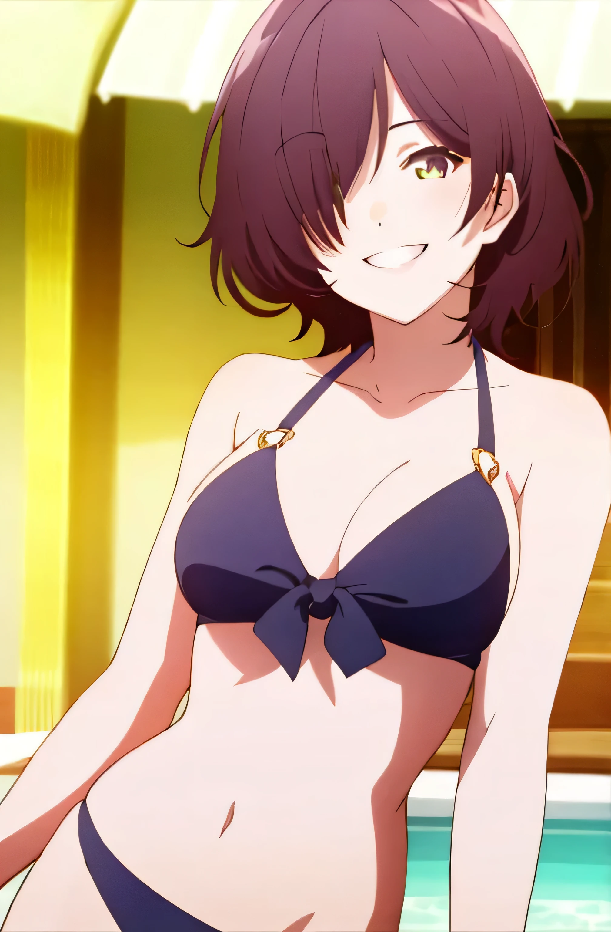 girl with short hair and eyes in a bikini has a smile