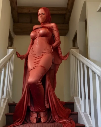 a beautiful woman in the silk red sack, mummified, tight full body tied, satin sheet, nipple on, shibari, satin hijab, full body, long satin,mermaid tight long gown, detail face,tall women, walk downstair, strugle to walk, both arms tied back, long flowing gown on stairs, dramatic gown, use high heels.