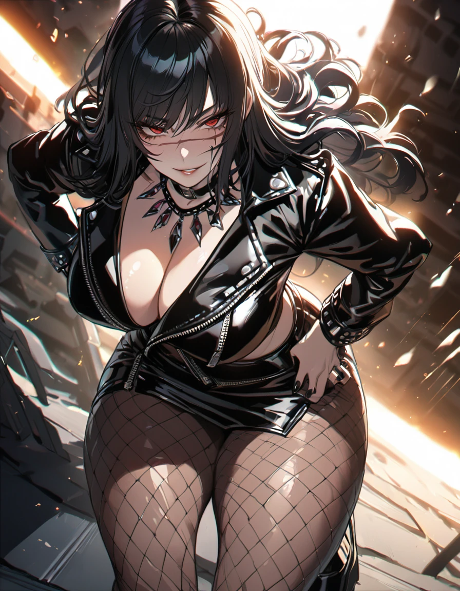 best quality, masterpiece, ultra-detailed, illustration, dynamic pose, Yoru, yorucsm, face scar, red eyes, black hair, looking at viewer, (evil smile), heavy eyeliner, (wearing a leather jacket, platform boots:1.2), adorned with studded accessories, (layered necklaces), bold patterns, (torn fishnet pantyhose:1.2), black miniskirt, dramatic makeup, black nail polish, oversized rings, close-up shot, thick thighs, big breasts, big ass, wide hips, hip dip, glossy lips, expressive face, ratatatat74, cinematic lighting, volumetric lighting, vibrant colors, ray tracing, intricate details in 8k or 4k resolution