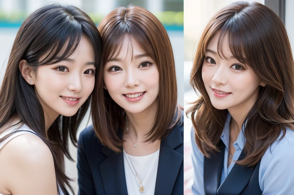 two sexy 40 years old women in teachers outfits, various hair colors and hairstyles, flustered smiles, portrait, close up faces, view from below