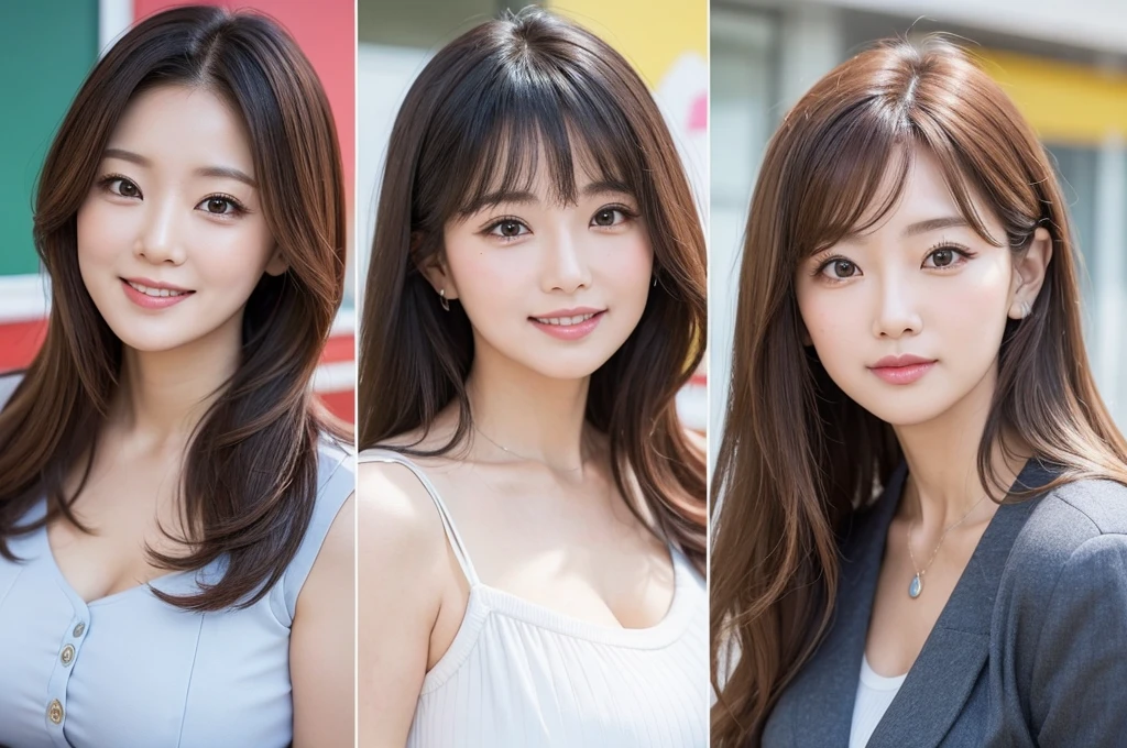 two sexy 40 years old women in  teachers outfits, various hair colors and hairstyles, flustered smiles, portrait, close up faces, view from below