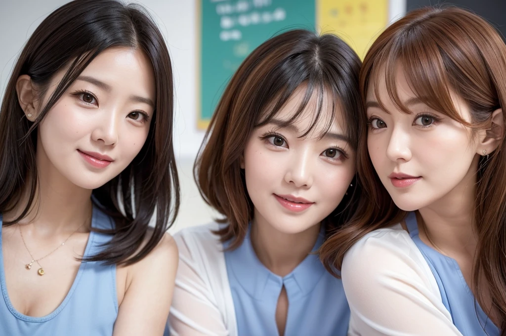 two sexy 40 years old women in  teachers outfits, various hair colors and hairstyles, flustered smiles, portrait, close up faces, view from below