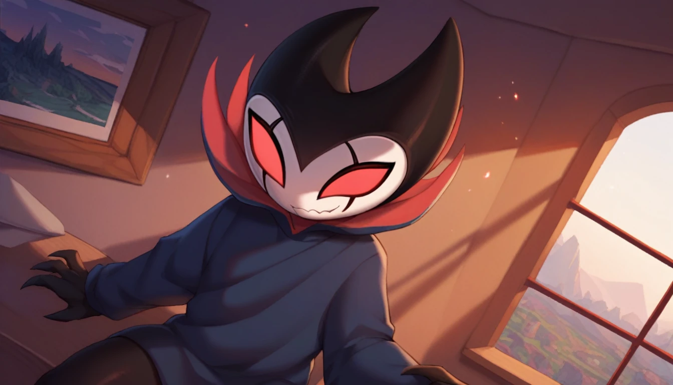 score_9, score_8_up, score_7_up, score_6_up, zPDXL2, grimm \(hollow knight\), vampire, bat, 1boy, solo, cute face, detailed eyes, anthro, clothed, background, near the window, landscape, looking at the viewer, smug face, thick thighs, angle from above